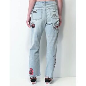 Ninth Hall Sire Womens Dad Fit Distressed Graphic Jeans Light Wash Skulls Size 3